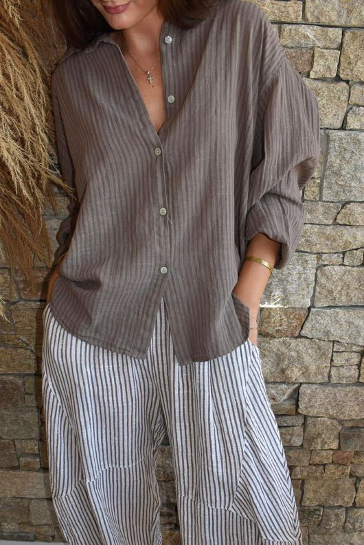 Sundaze Cheesecloth Chalk Stripe Boyfriend Shirt Mocha & Earth